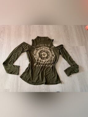 gaze Olive Green Cold-Shoulder Graphic Long Sleeve Top